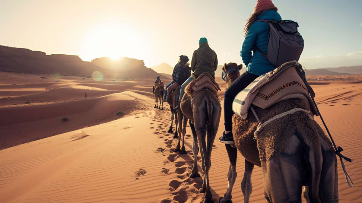 touristes dans le sahara sur des dromadaires
