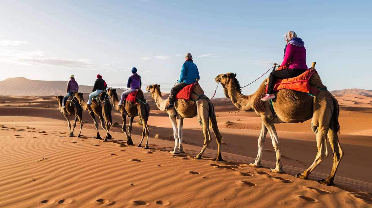 touristes dans le sahara sur dromadaires