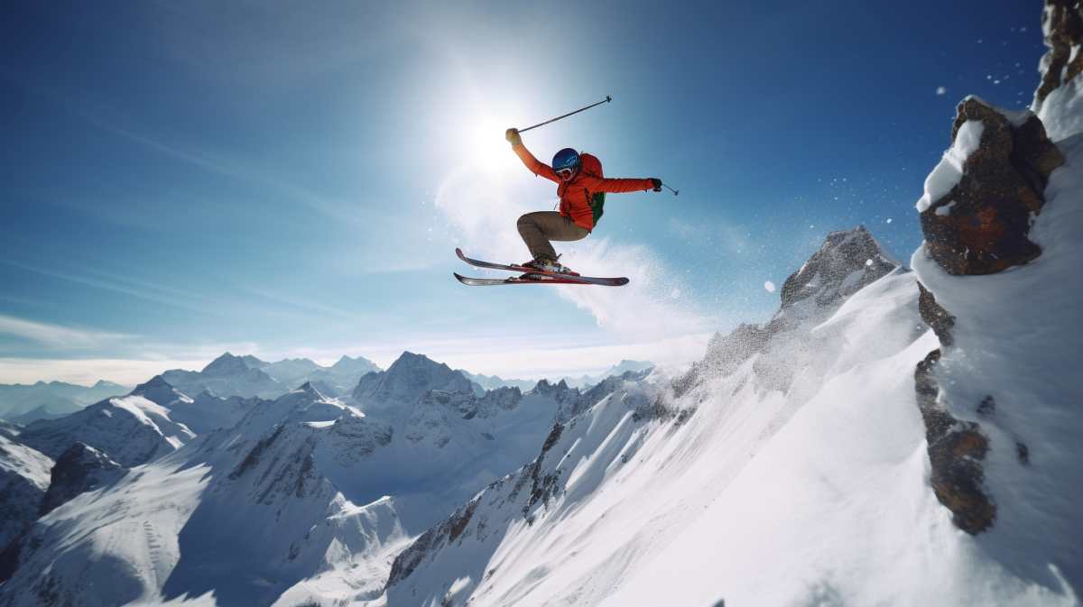 Magnifique saut à ski en mode freestyle dans les Alpes d'Huez, hiver 2023/2024
