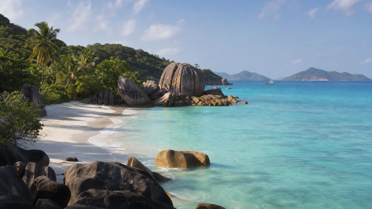 Vue naturelle d'une plage des Seychelles avec lagon turquoise et rochers granitiques