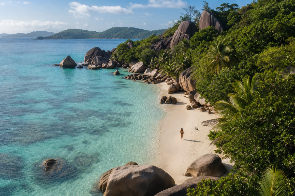 Plage naturelle à Mahé aux Seychelles avec rochers granitiques