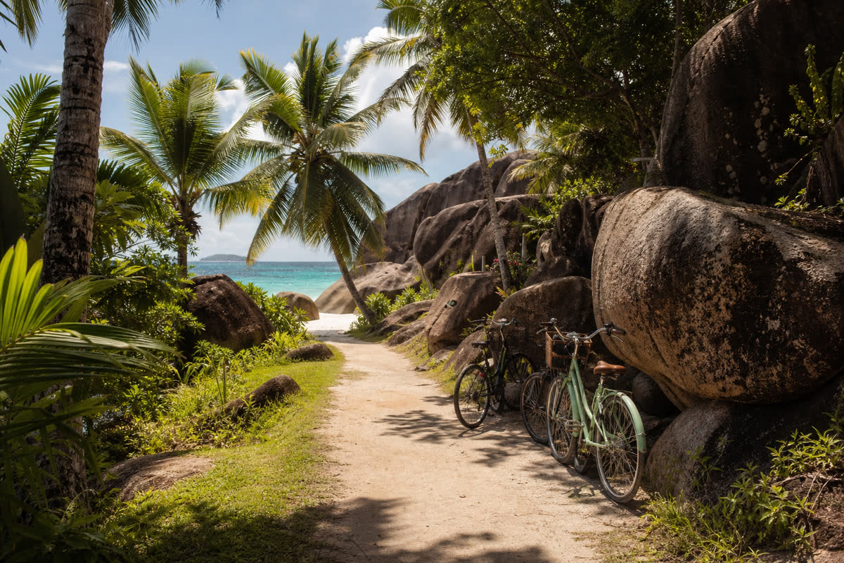 Sentier tropical à vélo vers une plage de La Digue aux Seychelles