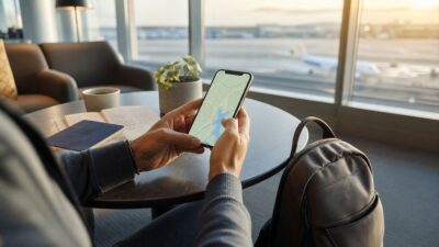 Voyageur préparant une carte hors ligne sur son téléphone avant le départ