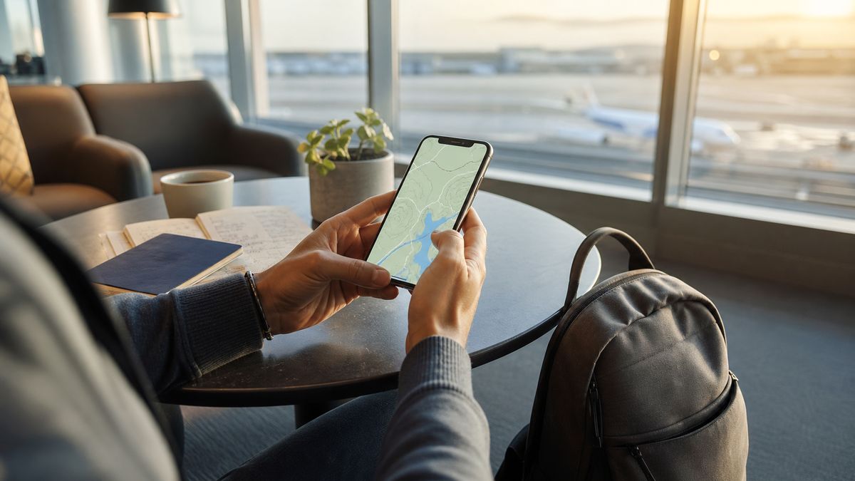 Voyageur préparant une carte hors ligne sur son téléphone avant le départ