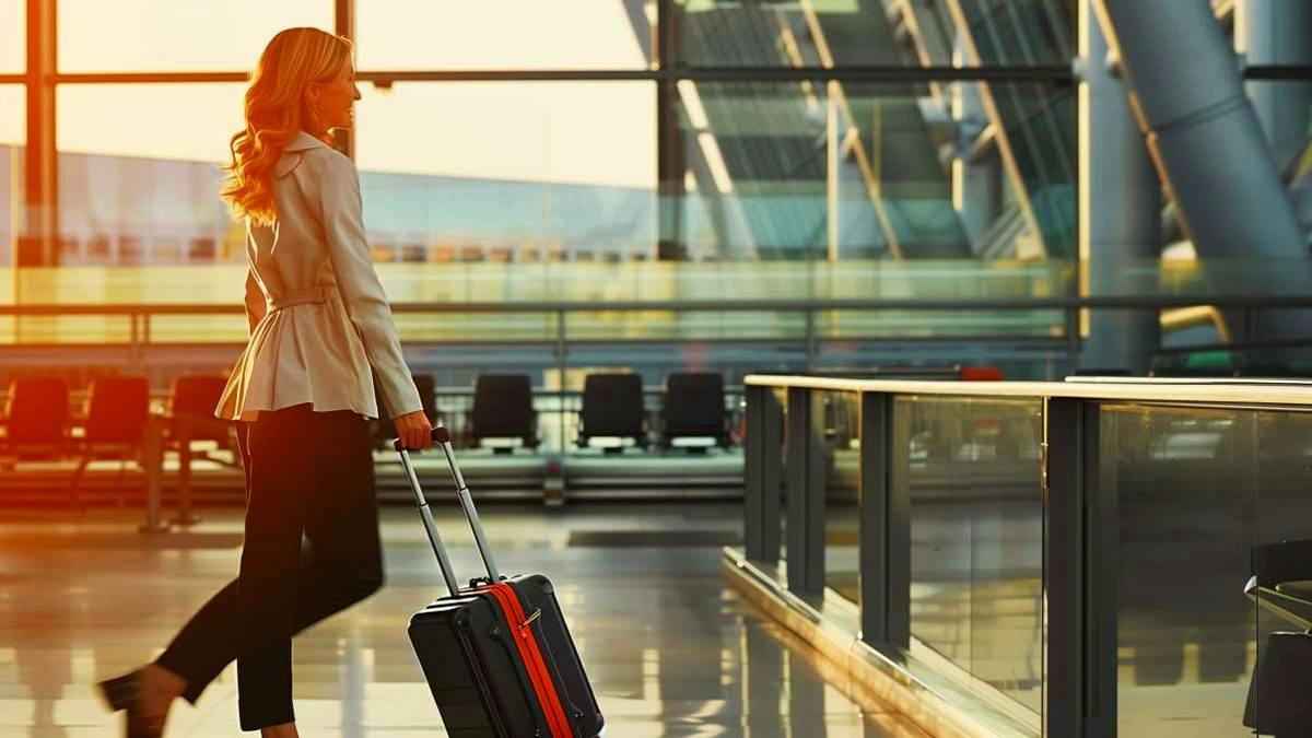 Voyageuse avec valise à l’aéroport avant de vérifier ses garanties de voyage