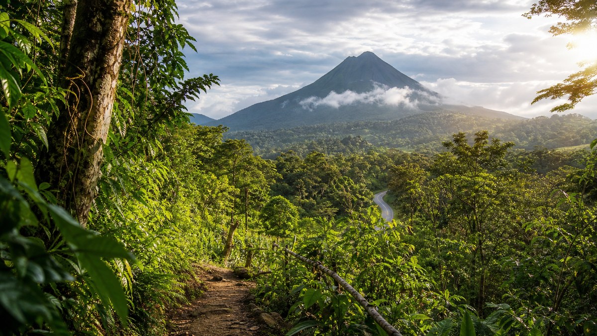 Vue sur un volcan et une forêt tropicale pendant un itinéraire de 15 jours au Costa Rica