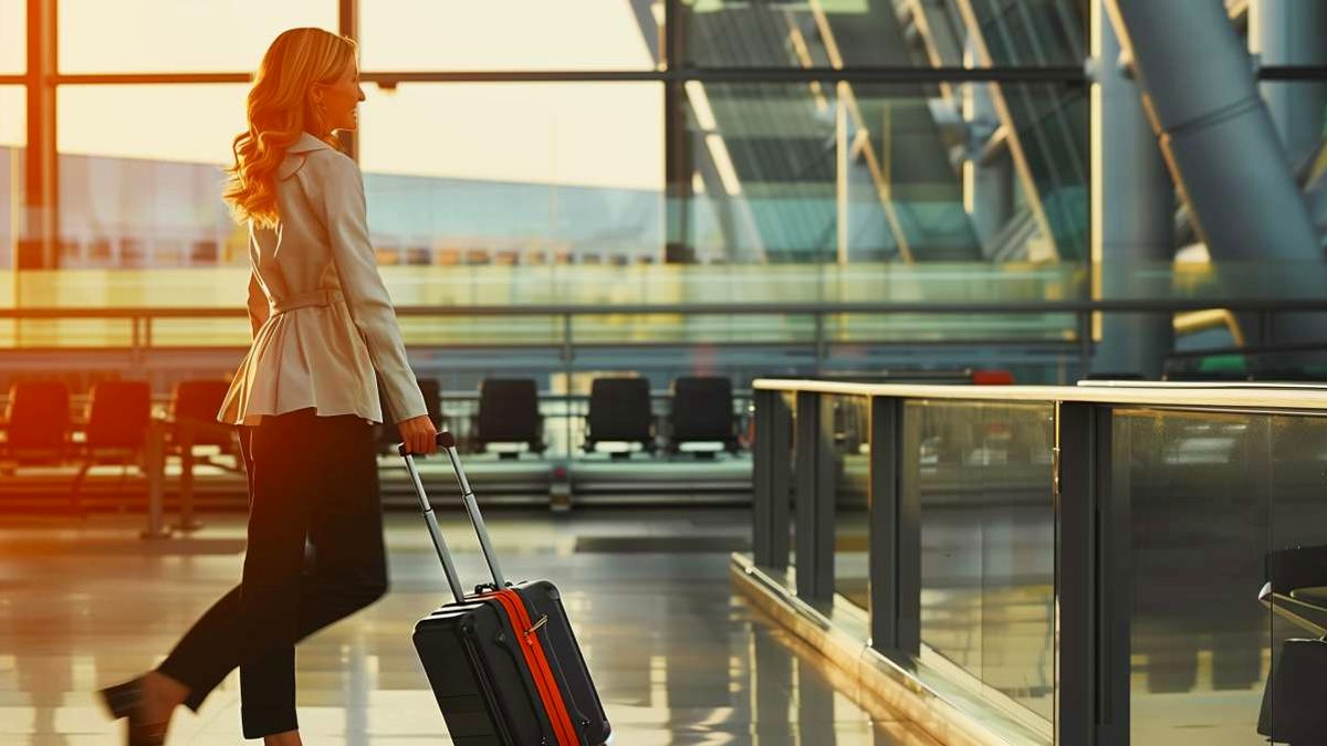 Voyageuse avec une valise cabine dans un aéroport avant un vol