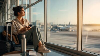 Voyageuse attendant calmement une correspondance longue dans un aéroport
