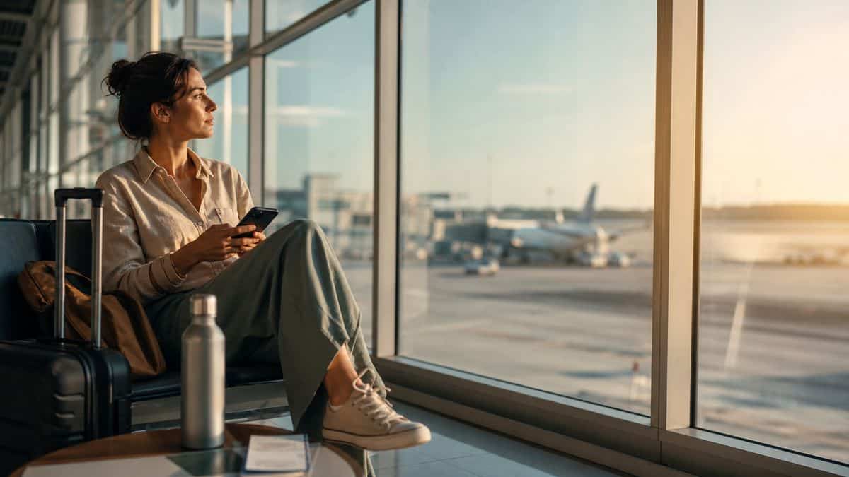 Voyageuse attendant calmement une correspondance longue dans un aéroport