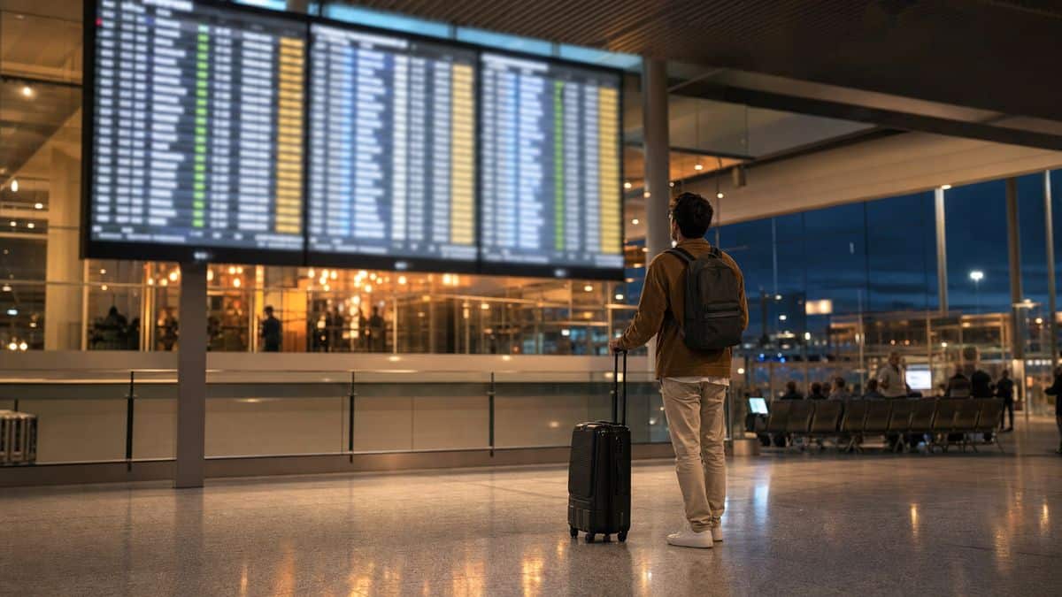 Voyageur vérifiant sa correspondance dans un terminal en soirée