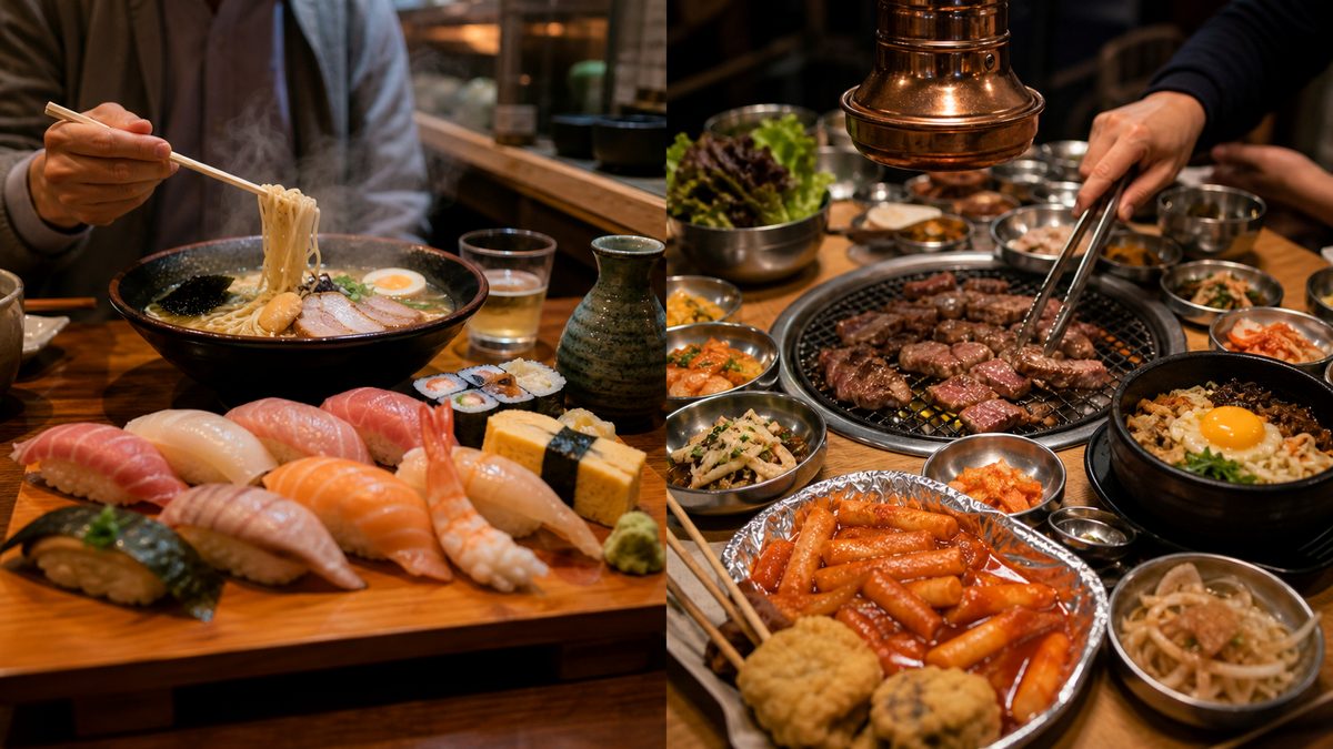 Table partagée pour comparer la gastronomie japonaise et coréenne