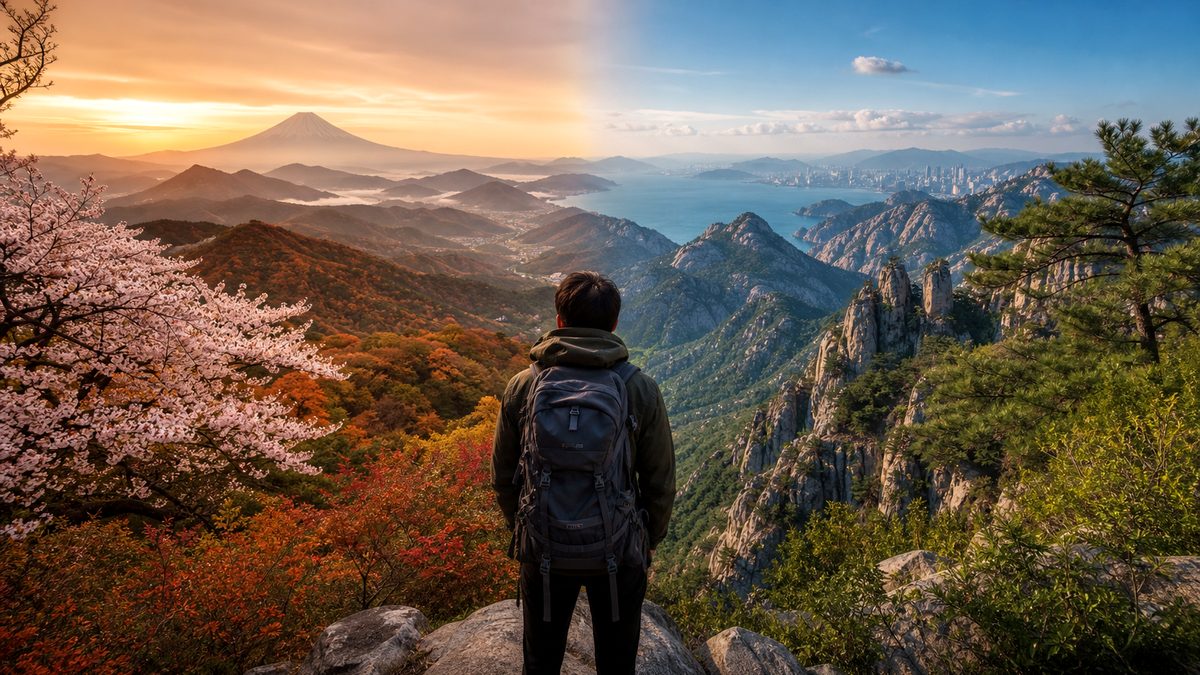Voyageur face aux paysages du Japon et de la Corée du Sud