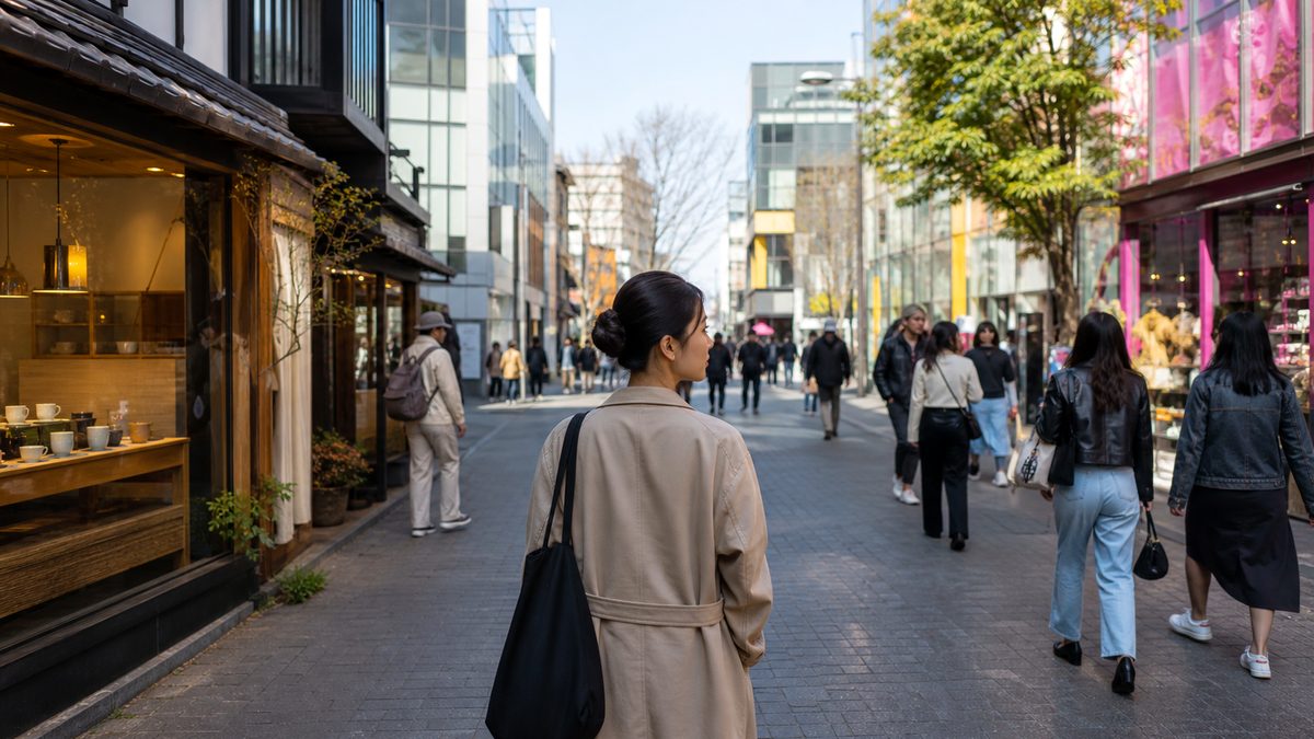 Voyageur dans une rue de cafés et shopping entre Japon et Corée