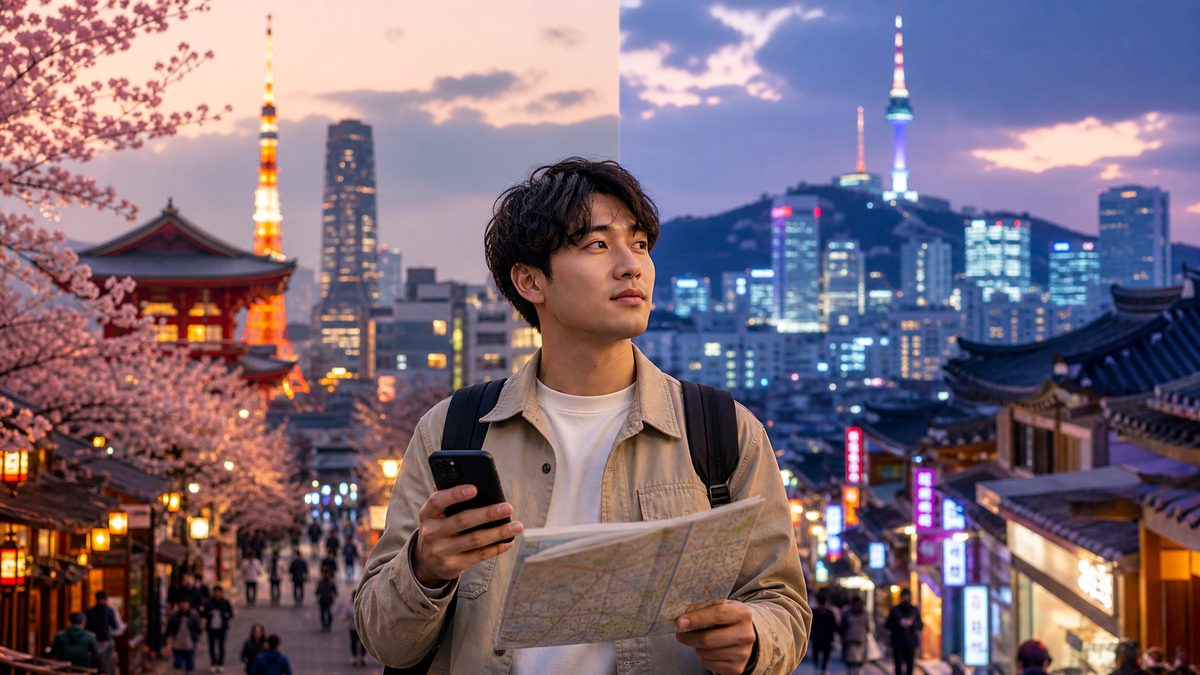 Voyageur hésitant entre Japon et Corée du Sud pour choisir sa destination