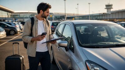 Voyageur inspectant une voiture de location avant de prendre la route