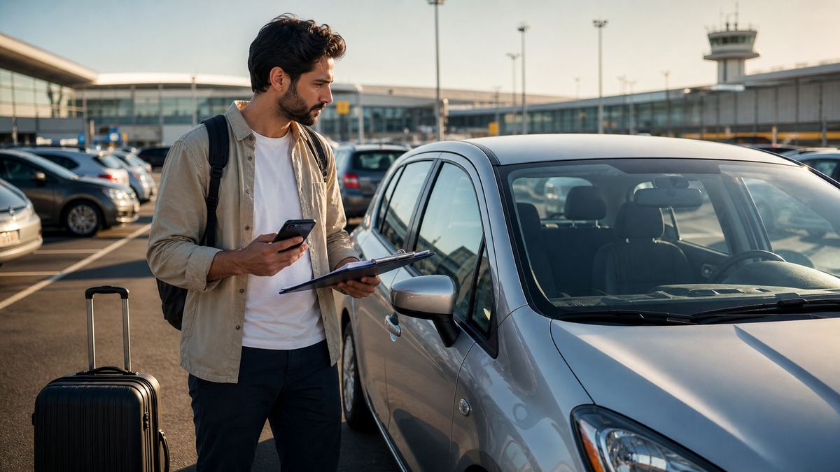 Voyageur inspectant une voiture de location avant de prendre la route
