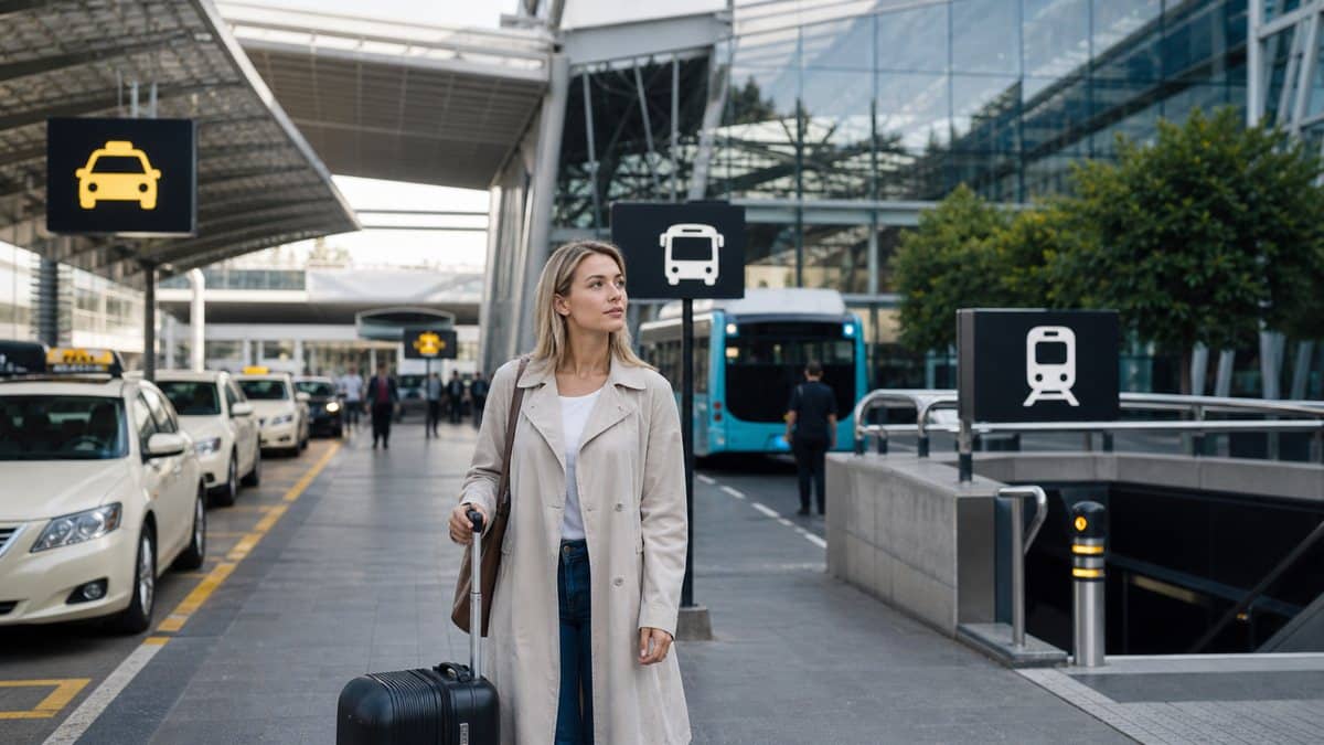 Voyageur comparant taxi, navette et transports après l’arrivée à l’aéroport