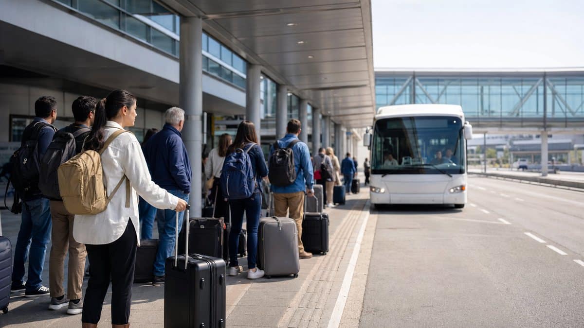Navette aéroport avec voyageurs et valises devant un terminal