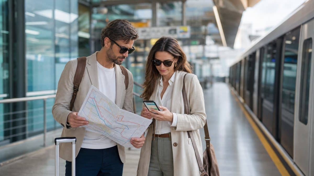 Voyageurs préparant leur trajet en transport public depuis l’aéroport
