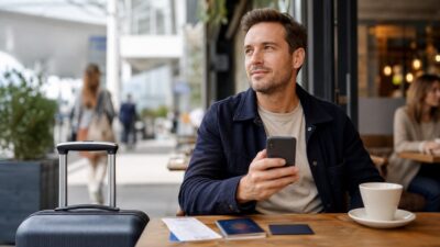 Voyageur vérifiant sa carte bancaire avant un paiement à l’étranger