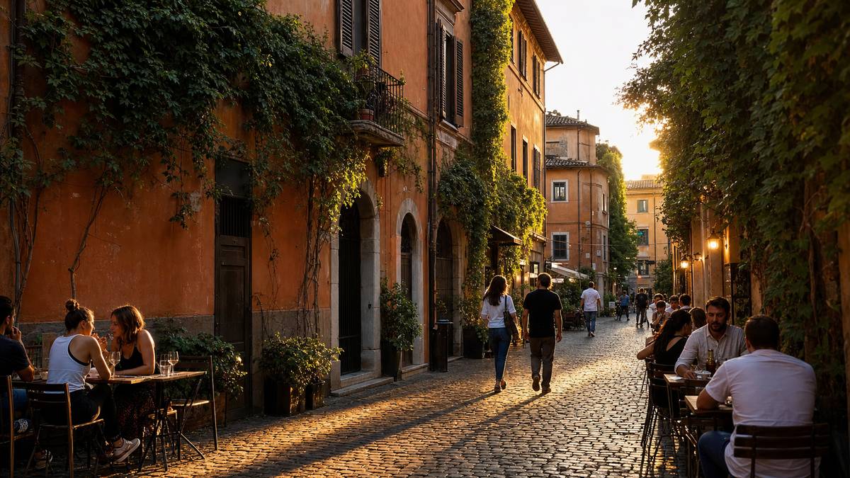 Ruelle pavée de Trastevere avec terrasses et façades ocres