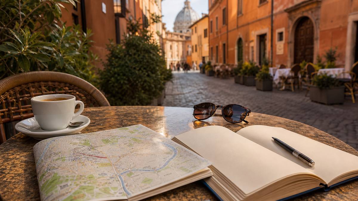 Carte de Rome et café en terrasse pour préparer un itinéraire de visite