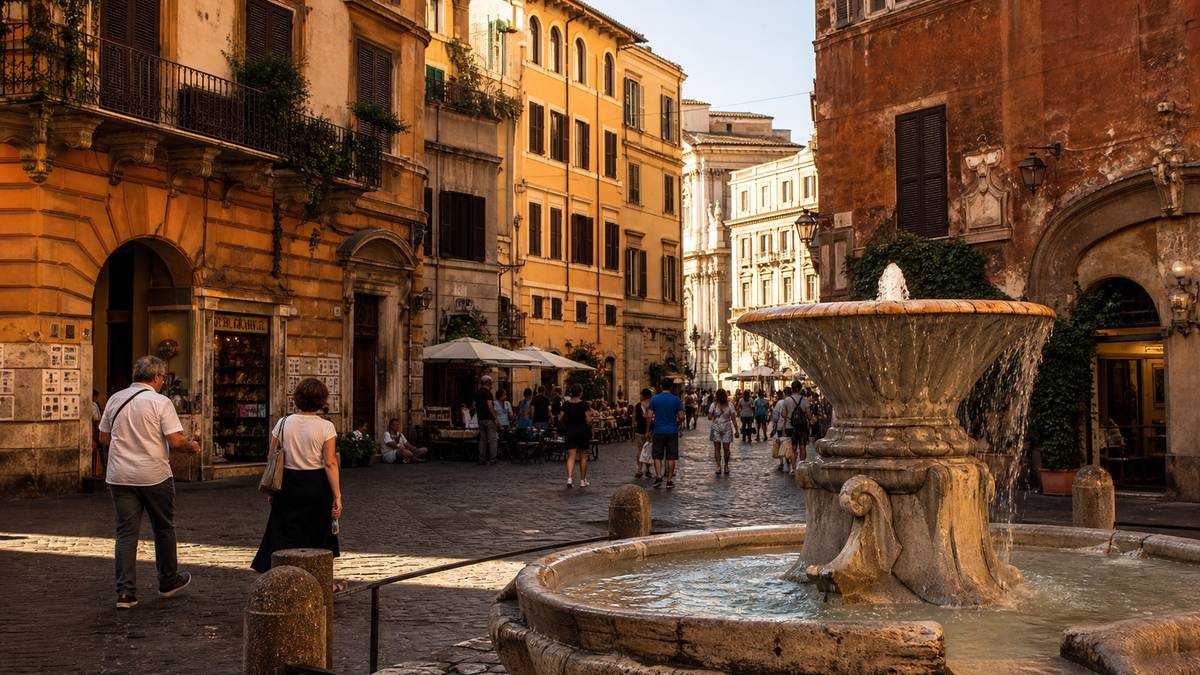 Rue du centre historique de Rome avec fontaine et façades ocres