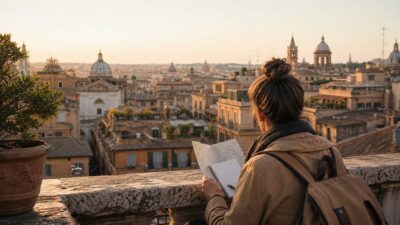 Vue de Rome avec voyageur préparant ses visites dans le centre historique