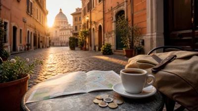 Vue de Rome avec carte et café pour organiser un séjour sans se ruiner