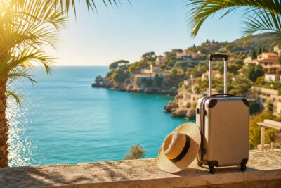 Valise et chapeau face à une côte ensoleillée en octobre
