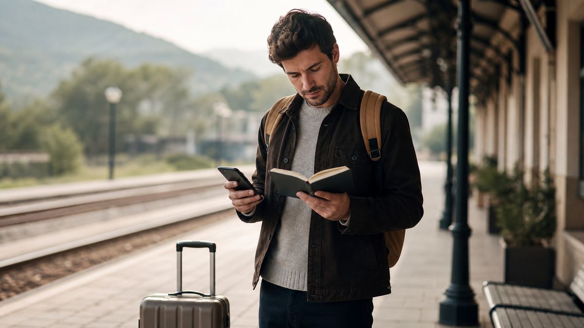 Voyageur autonome préparant son itinéraire en gare