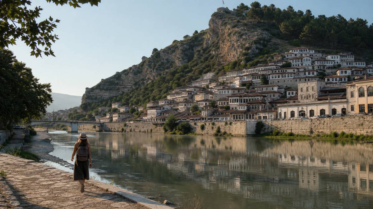 Voyageuse marchant au bord de la rivière face aux maisons historiques de Berat