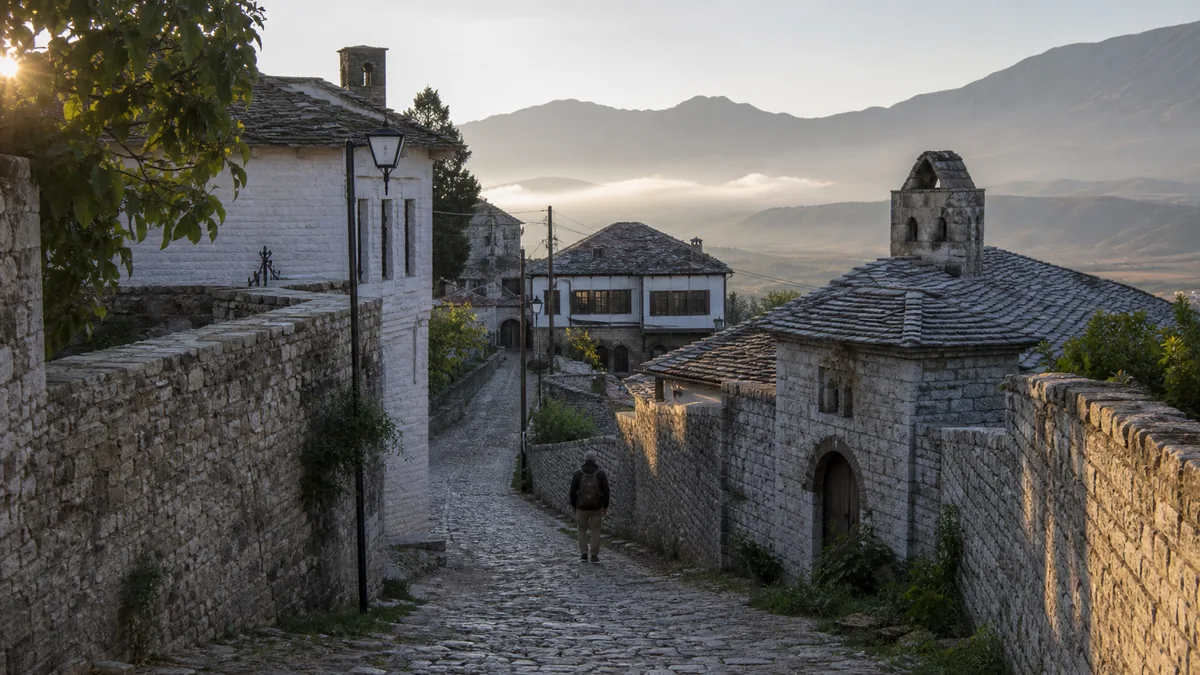 Ruelle de pierre de Gjirokastër avec les montagnes albanaises en arrière-plan