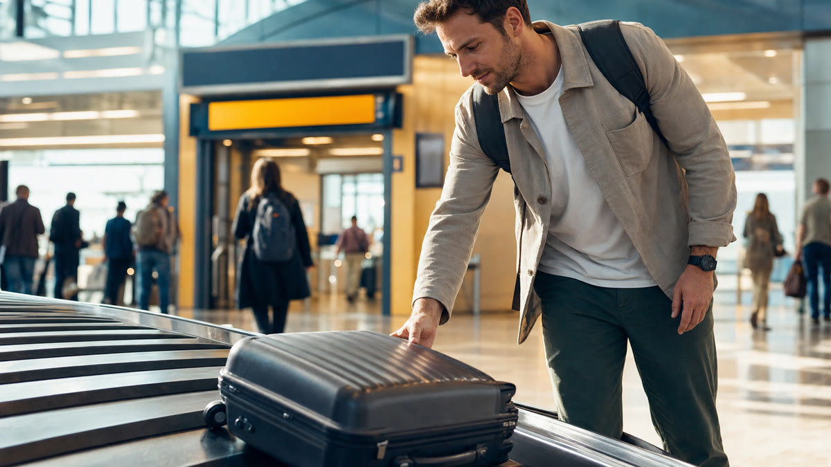 Voyageur récupérant sa valise avant un auto-transfert entre deux vols