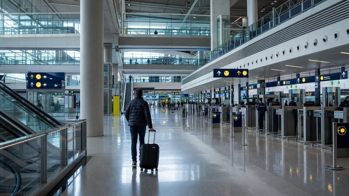 Voyageur avec une valise dans le hall d’un aéroport international