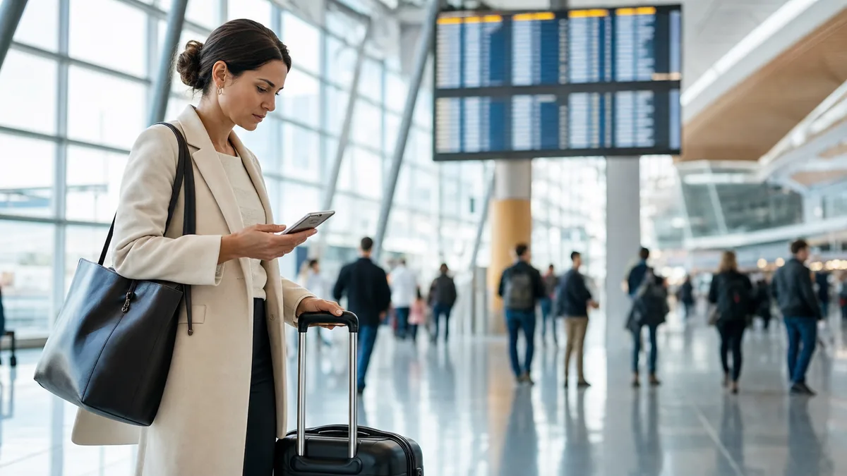Voyageuse vérifiant ses billets séparés et son prochain vol dans un aéroport