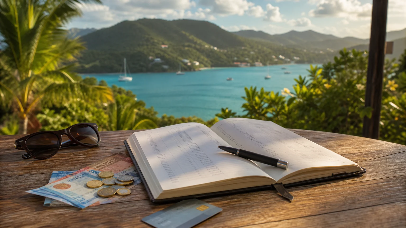 Carnet de budget sur une terrasse avec vue sur la Martinique
