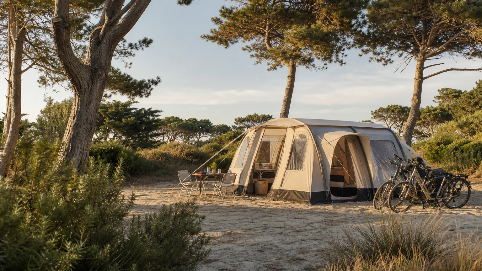 Emplacement de camping avec vélos et pins maritimes sur l’île de Ré