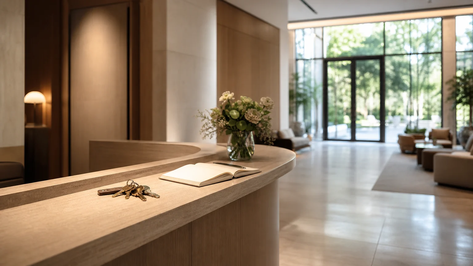 Hall résidentiel avec clés et carnet d’accueil pour service de concierge