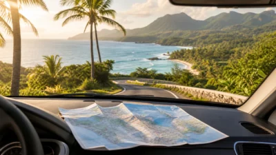 Carte routière et route tropicale pour un itinéraire de sept jours en Martinique