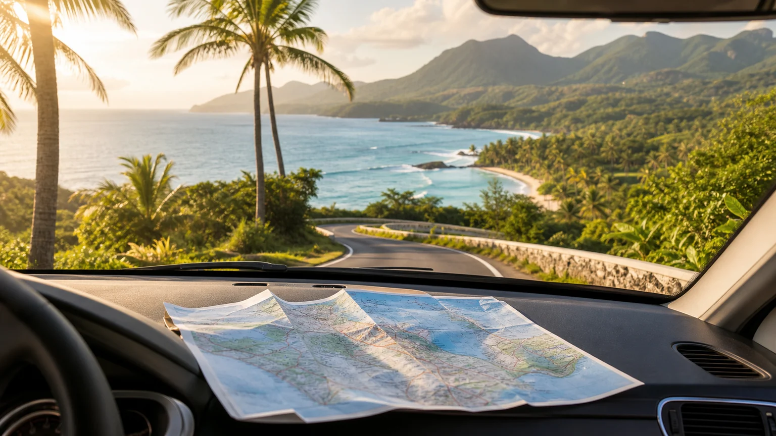 Carte routière et route tropicale pour un itinéraire de sept jours en Martinique