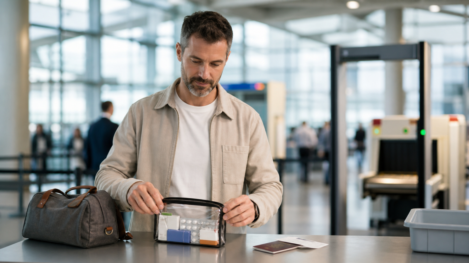 Trousse de médicaments préparée avant un contrôle de sécurité à l’aéroport