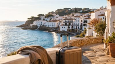Voyageur avec valise face à un village méditerranéen ensoleillé en novembre