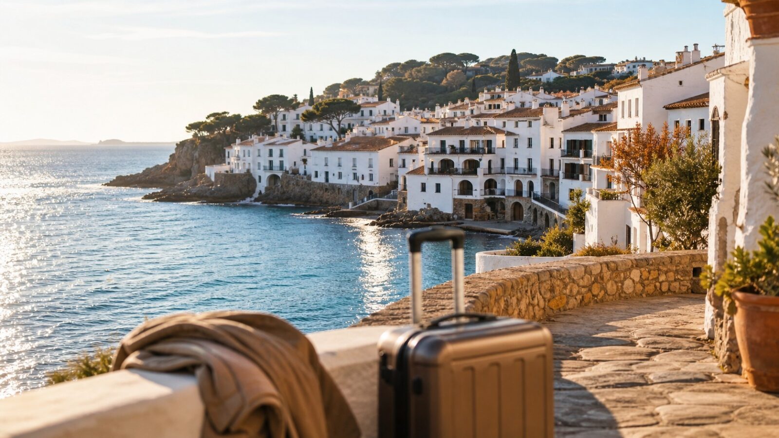 Voyageur avec valise face à un village méditerranéen ensoleillé en novembre