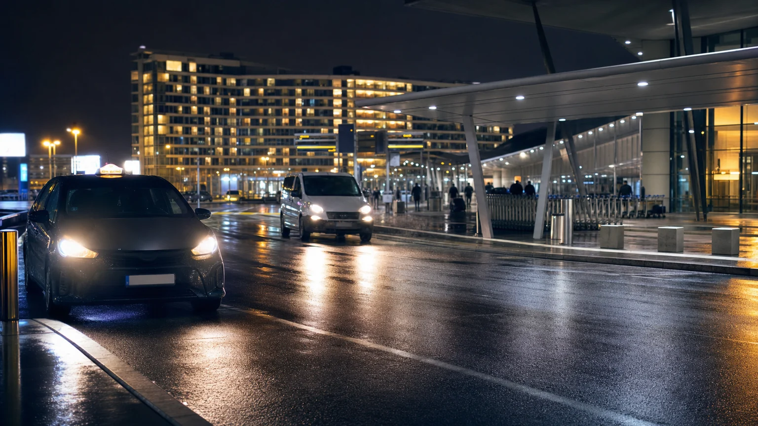 Sortie d’aéroport de nuit avec taxi navette et hôtel à proximité