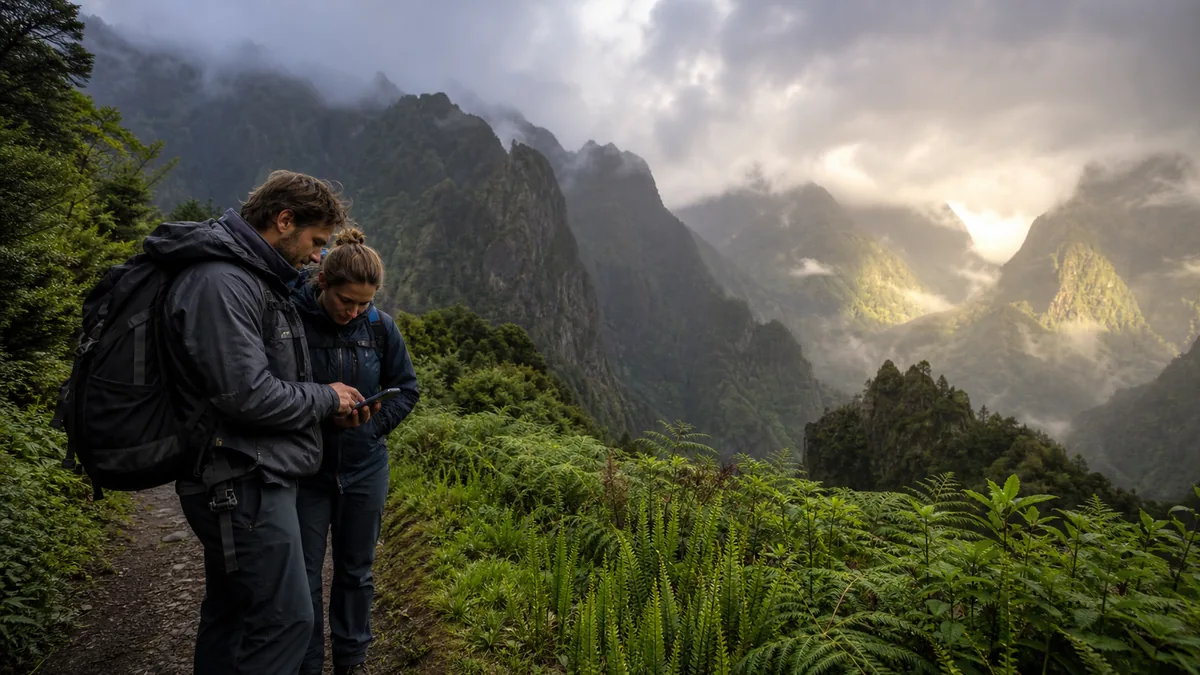 Randonneurs observant les nuages sur les sommets volcaniques de Madère