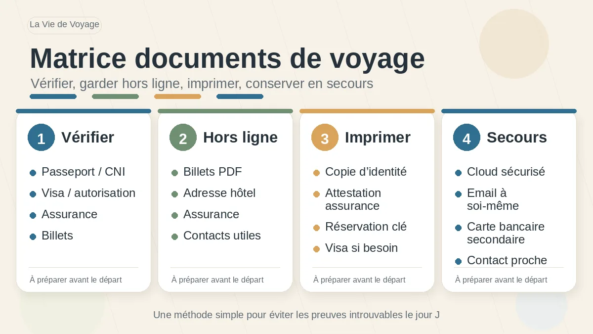 Matrice des documents de voyage à vérifier, garder hors ligne, imprimer ou conserver en secours avant le départ
